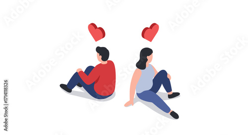 Isometric couple seated back to back with floating hearts overhead