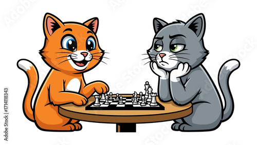 Cats Chess Match: Charming cartoon cats engage in a strategic chess game, displaying a range of expressions, as one seems delighted and the other thoughtful, set against a playful backdrop