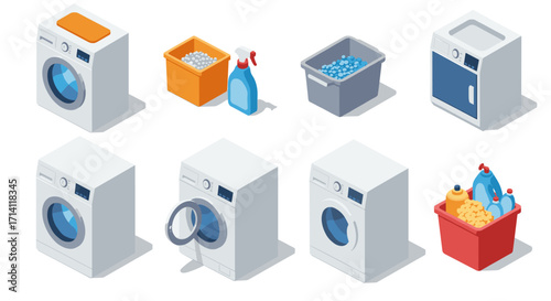 Isometric home laundry appliances and items collection