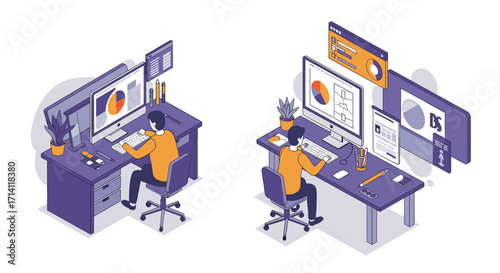 Isometric design workspace with designer at computer creating digital graphics
