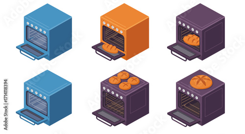 Isometric kitchen ovens with freshly baked bread in various colors