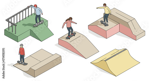 Isometric skatepark scene featuring skateboarders on ramps and rails
