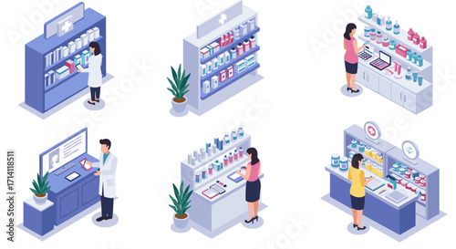 Isometric pharmacy scenes: customers and pharmacists interacting in modern drugstore settings