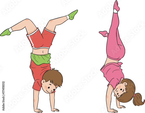 Happy kids practicing gymnastics, boy doing handstand, girl stretching split, outdoor exercise, flexibility training, healthy lifestyle, childhood fitness, fun physical activity