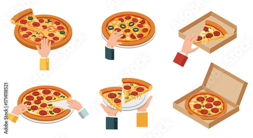 Hands holding pizza slices and boxes: a delicious flat design collection