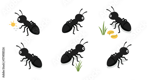 Cartoon ants foraging and exploring in various actions