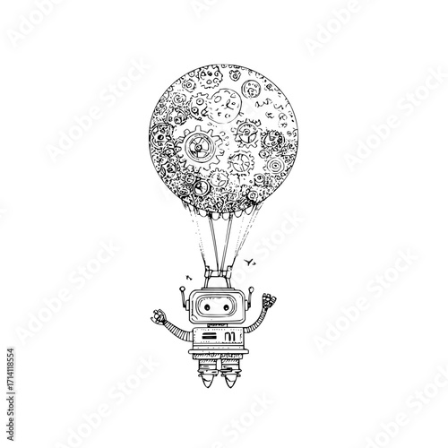 Steampunk robot flying with gear balloon mechanical fantasy illustration vintage drawing artistic design concept