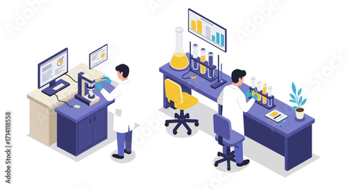 Scientists working in laboratory with microscopes and test tubes in isometric style
