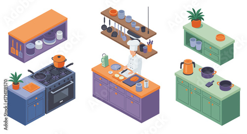 Isometric kitchen scene with chef cooking surrounded by appliances and utensils