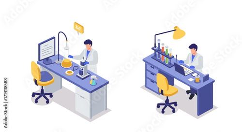 Isometric laboratory scene with scientists working on experiments and research