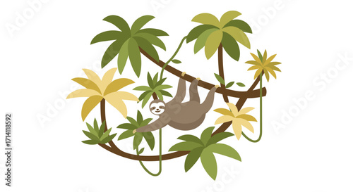 Playful sloth hanging among tropical leaves in jungle scene