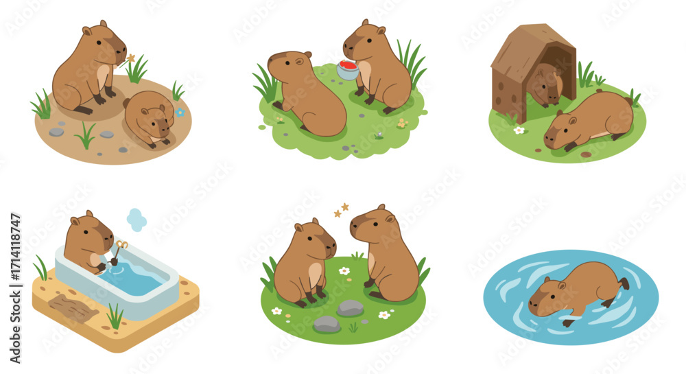 Fototapeta premium Cute isometric capybara illustrations in various adorable activities