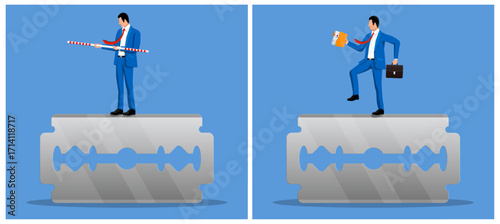 Man balancing on razor blade with pole and stepping on razor blade with documents. Business risk concept and overcoming difficult challenges.