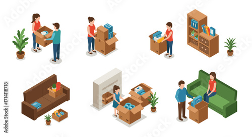 Isometric moving day scenes: unpacking and organizing in a new home