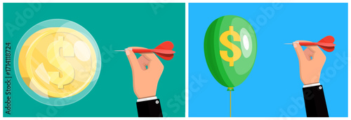 Man hand with dart ready to burst dollar bubble and hit target dollar balloon. Financial risk and instability concept.