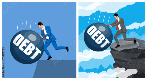 Man in suit pushing huge debt sphere off cliff, facing financial crisis and bankruptcy. Corporate loan problem and business challenge concept.