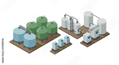 Isometric industrial equipment with cylindrical tanks and machinery