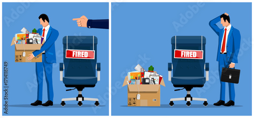 Caucasian man fired from job. Sad businessman carries cardboard box with office supplies. Employee dismissal concept.