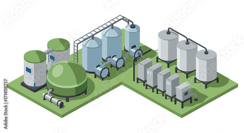Industrial waste management facility isometric design with storage tanks and equipment