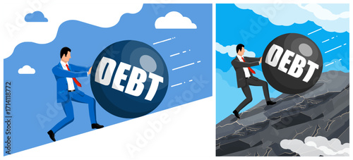 Businessman climbs up the hill with huge stone boulder with the inscription DEBT. Business man struggling with debt burden conceptual illustration.