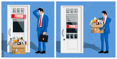 Man in office attire with a "fired" sign. Unemployed worker with his belongings in a box. Job loss and unemployment concept.