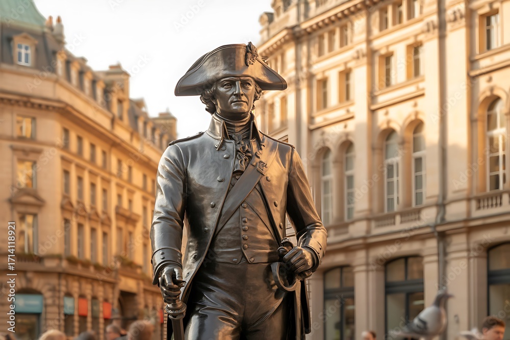 Naklejka premium Majestic bronze statue of historical military leader stands proudly in sunlit city square with classic architecture background.