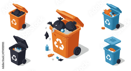 Isometric trash bins filled with garbage and recycling symbols