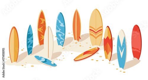 Colorful surfboards arranged on sandy beach in vibrant flat design
