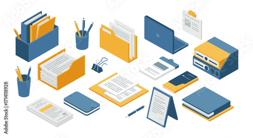 Isometric office supplies collection with folders and laptop in blue and yellow theme