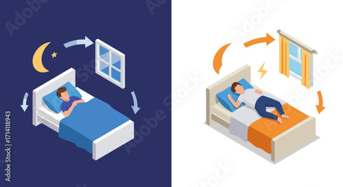 Isometric concept of day and night sleep cycle in bedroom
