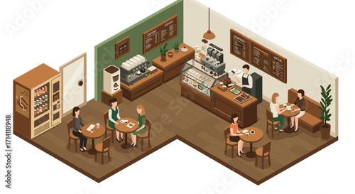 Cozy cafe with customers and barista in isometric view with coffee and pastry display