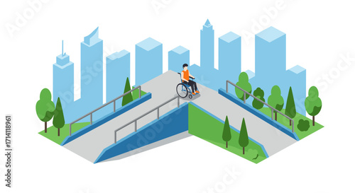 Accessible urban park scene with wheelchair user on bridge path in modern city