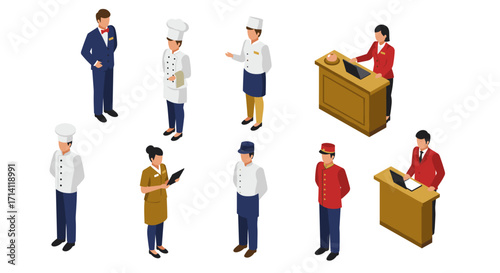 Isometric hospitality staff in uniforms: diverse hotel and restaurant roles