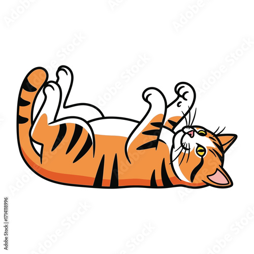 Playful Cat in a Relaxed Pose: A cheerful cartoon illustration of a domestic cat, its orange fur adorned with black stripes, lies on its back, exhibiting a relaxed and contented posture.