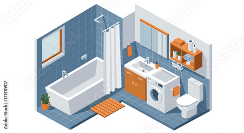 Modern isometric bathroom design with blue tile and laundry area