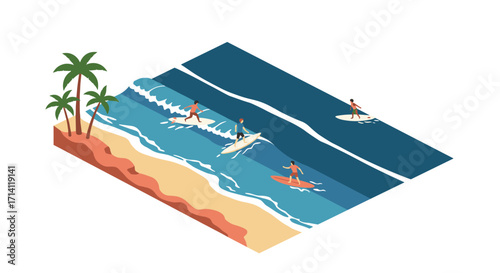 Isometric beach scene with surfers riding waves by palm trees