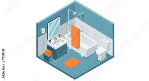 Modern isometric bathroom design with blue tiles and orange accents