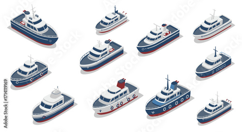 Collection of isometric boats with navy and red accents