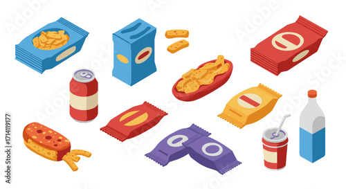 Colorful snack packs and beverages in isometric style for modern design inspiration