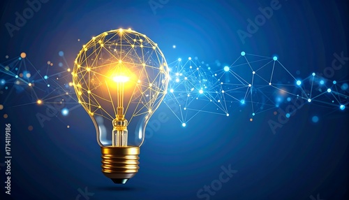 An illuminated lightbulb with a network of lines and points glowing in golden and blue hues against a dark blue background