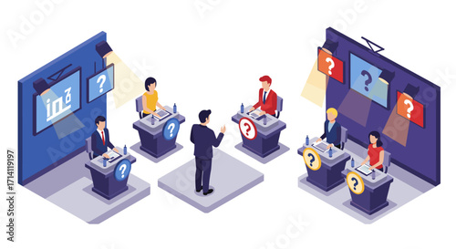 Isometric quiz show with contestants and host in a game setup