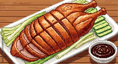 Roasted duck, expertly sliced and arranged on white platter with green onions, accompanied by dipping sauce. This classic dish represents traditional Asian cuisine and festive meals.