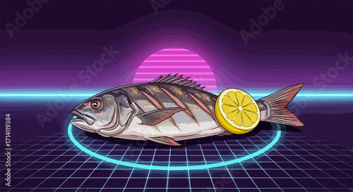 Grilled whole fish with a lemon slice on tail, depicted in vibrant retro synthwave style with glowing grid and sunset background.