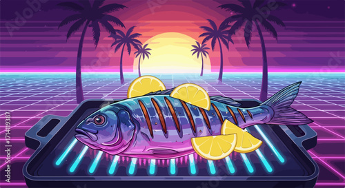 Grilled fish with lemon slices rests on a glowing neon grill, silhouetted against a vibrant retro sunset with palm trees. This imagery evokes summer parties, vintage 80s aesthetics, and digital art.