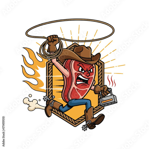 Angry cartoon steak cowboy with lasso and branding iron running in a fiery emblem.