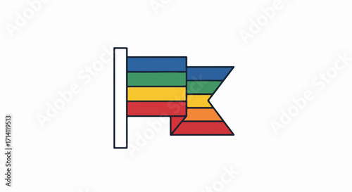 Rainbow colored flag waving on pole against white background, simple graphic illustration symbolizing diversity, inclusion, and equality. Concept of human rights and celebration.