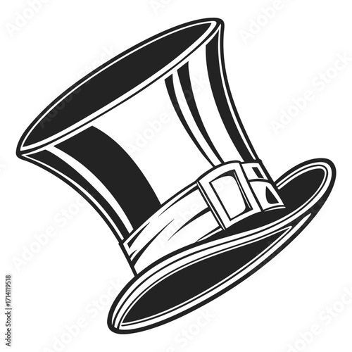 Black and white drawing of a top hat with a buckle strap on a white background formal hat gentleman's hat