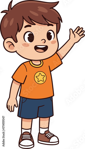Cartoon child waving with smile, orange shirt and star emblem, friendly character pose, cheerful emotion illustration, kids content artwork