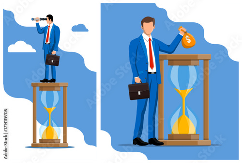 Man businessman with money bag and spyglass standing on bighourglass. Time management, investment, and future business strategy concept.