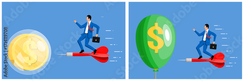 Businessman rides red dart toward financial goals. Man aiming for dollar target or green money balloon. Success and investment concept.